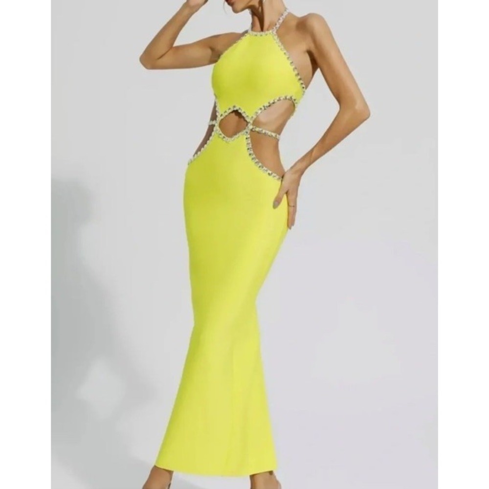 (b21/15)Elegant Yellow Cut Out Bodycon Dress Bella Barnett rhinestones Size M‎